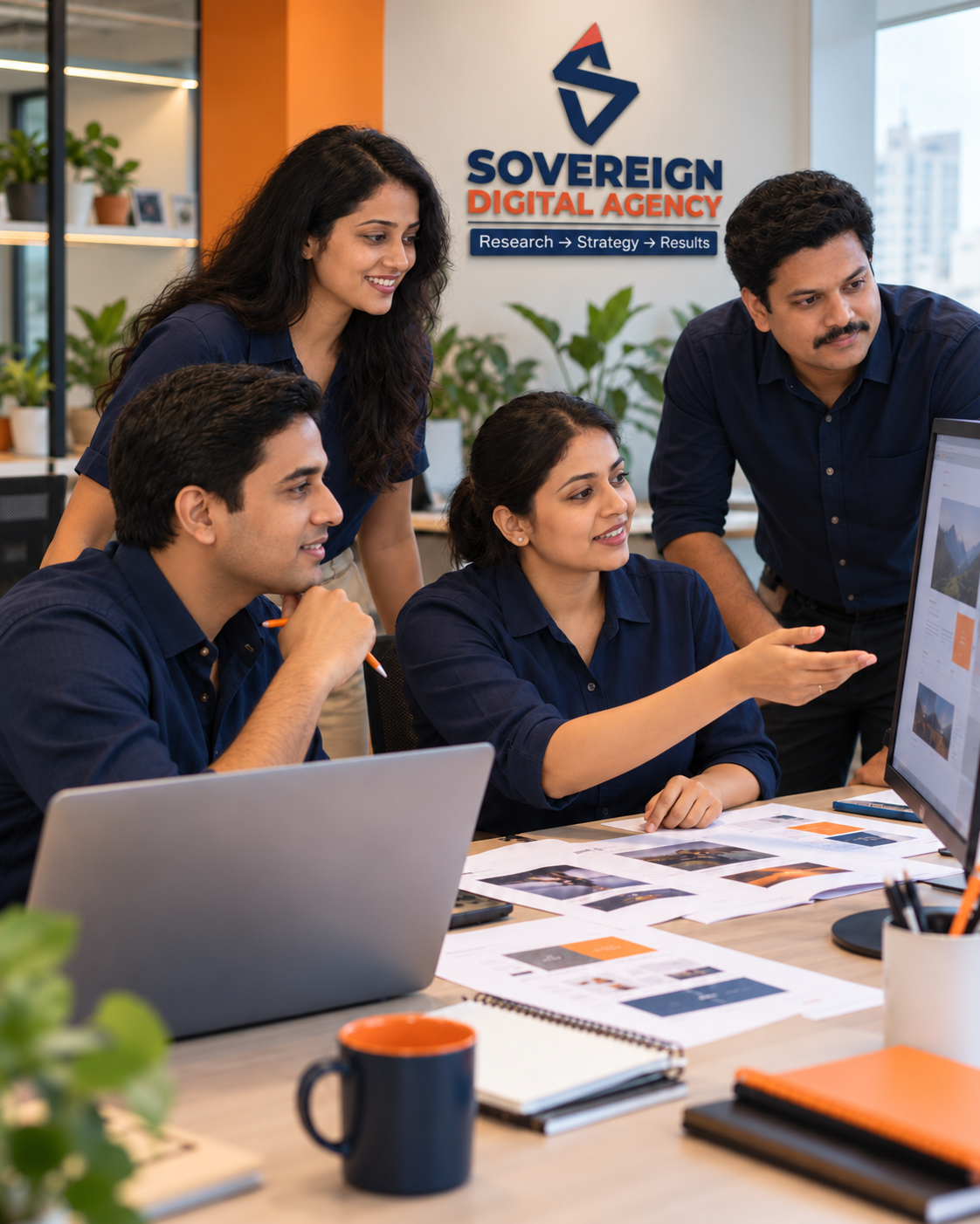 Sovereign Digital Agency team collaborating on website design and marketing strategy in a branded office.