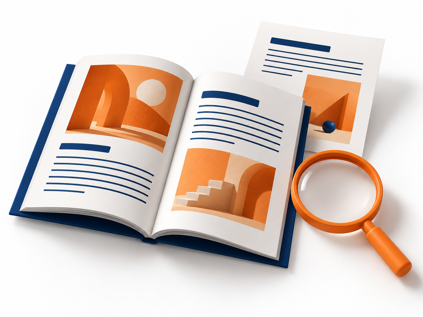 Editorial booklet and magnifying glass representing researched articles