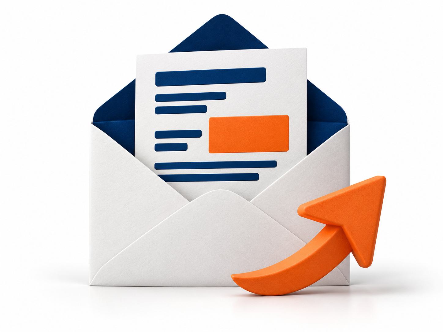 Open envelope with a newsletter and orange arrow representing email content