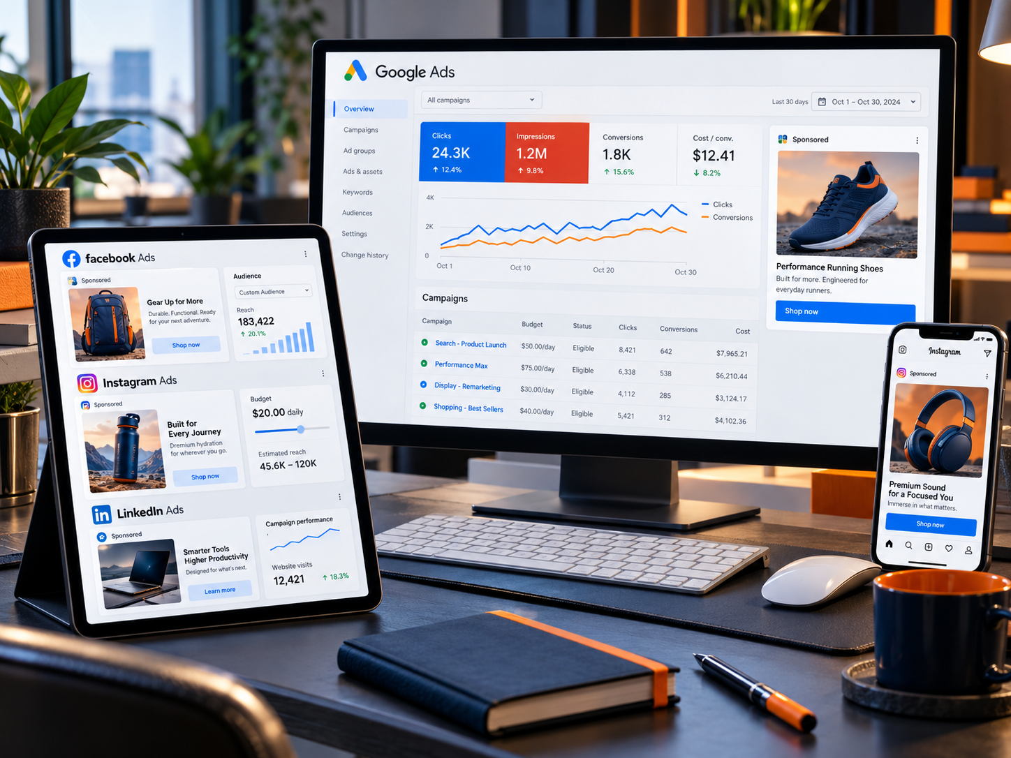 Advertising professionals reviewing campaign creatives and performance charts.