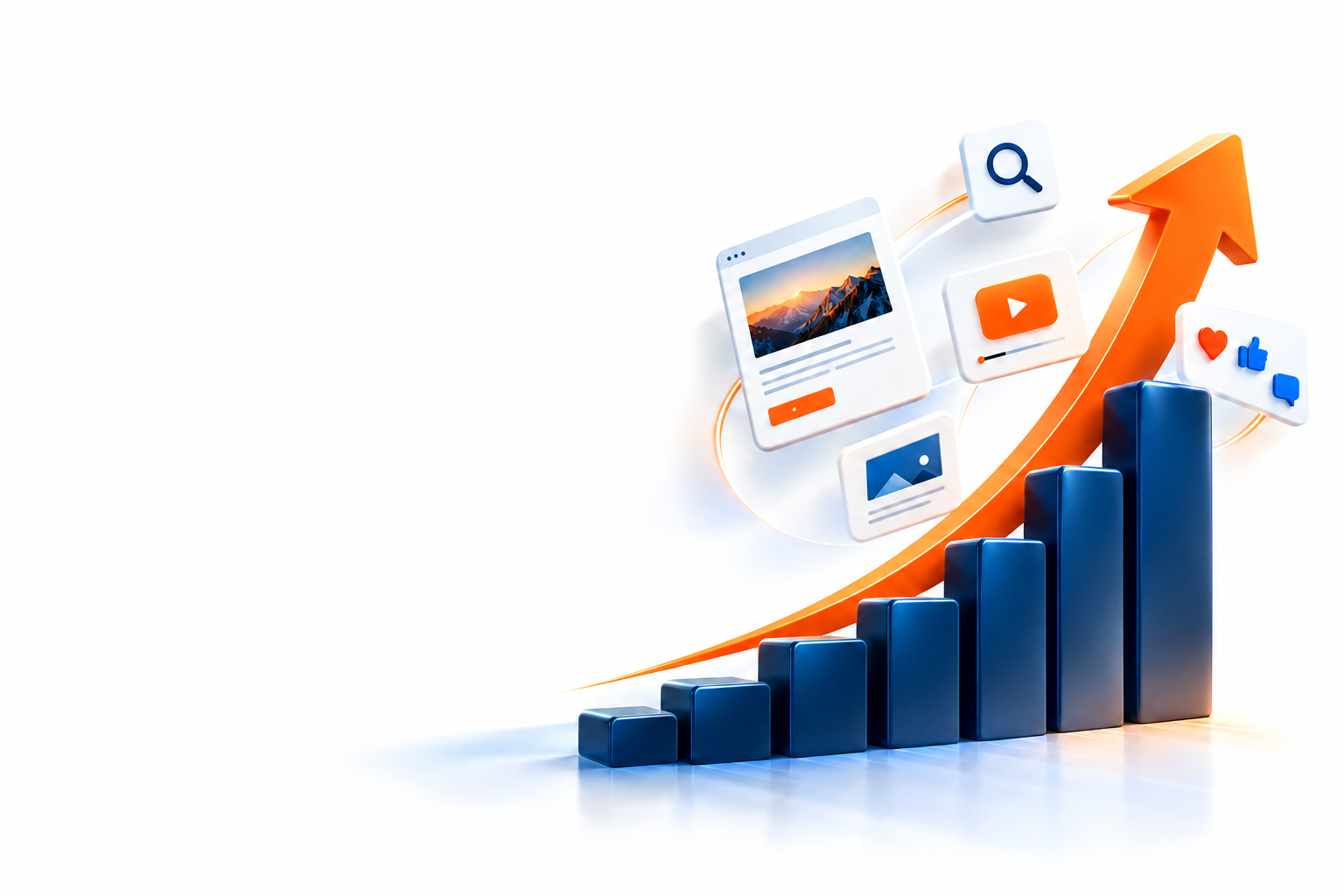 Digital marketing growth illustration with rising navy columns, an orange upward arrow, and website, search, social media and video elements.