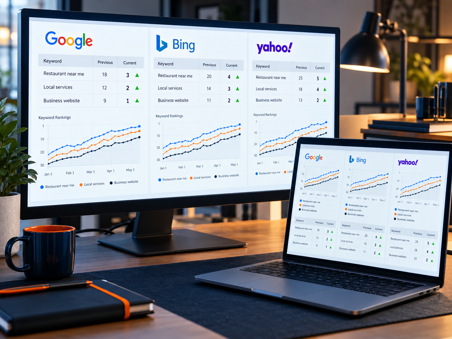 Search marketing specialists reviewing search results and website analytics.
